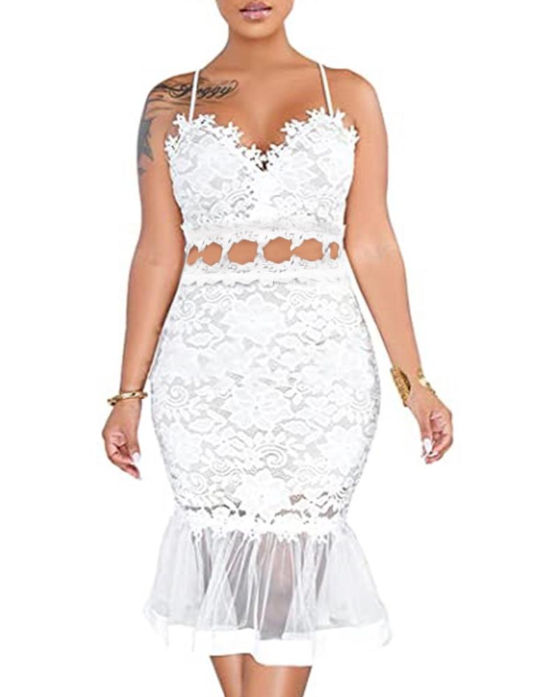 

Crochet Lace Sheer Mesh Mermaid Dress, White