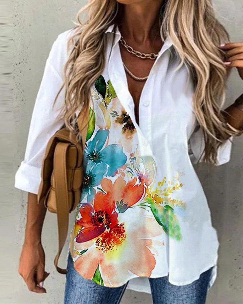 

Floral Print Buttoned Long Sleeve Shirt, White