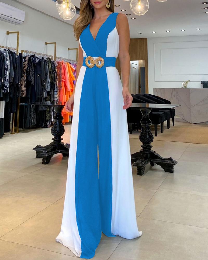 

Colorblock Sleeveless Wide Leg Jumpsuit Without Belt, Blue