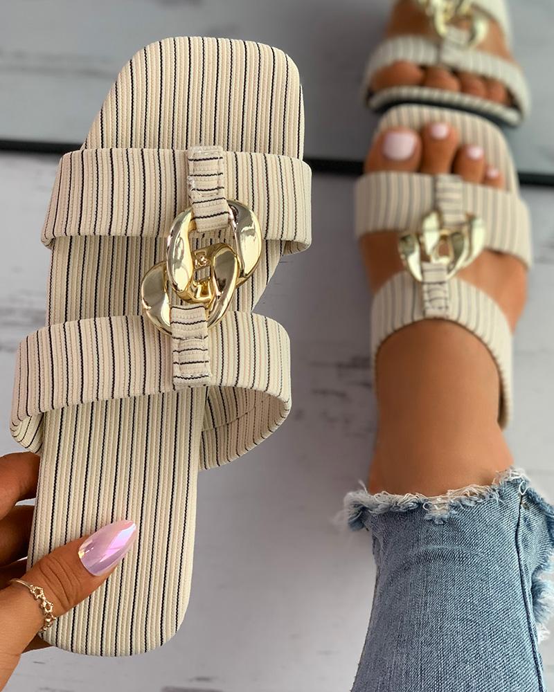 

Square Toe Striped Print Chain Decor Slipper, Beige
