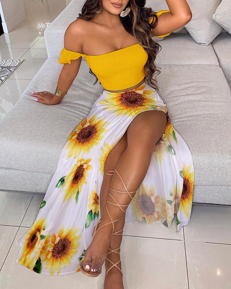 

Off Shoulder Shirred Ruffles Top & Sunflower Print High Slit Skirt Set, Yellow