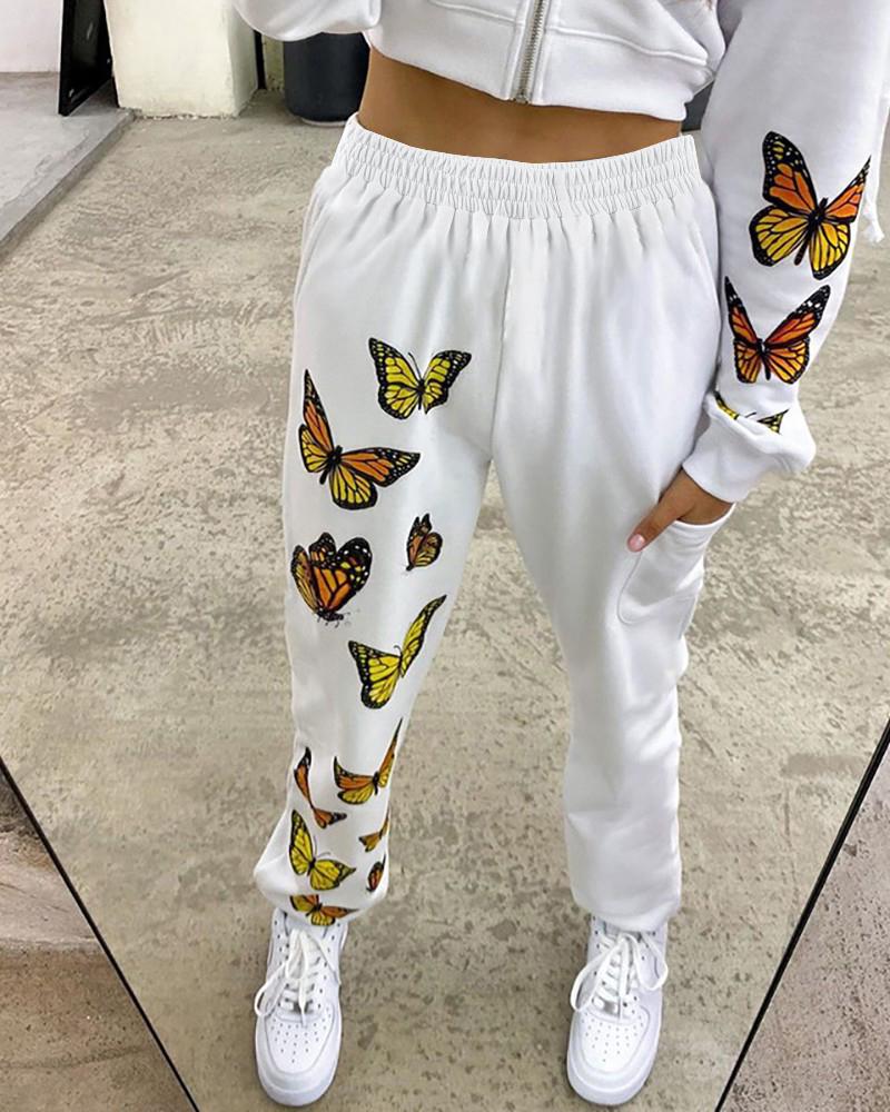 

High Waist Butterfly Print Casual Pants, White