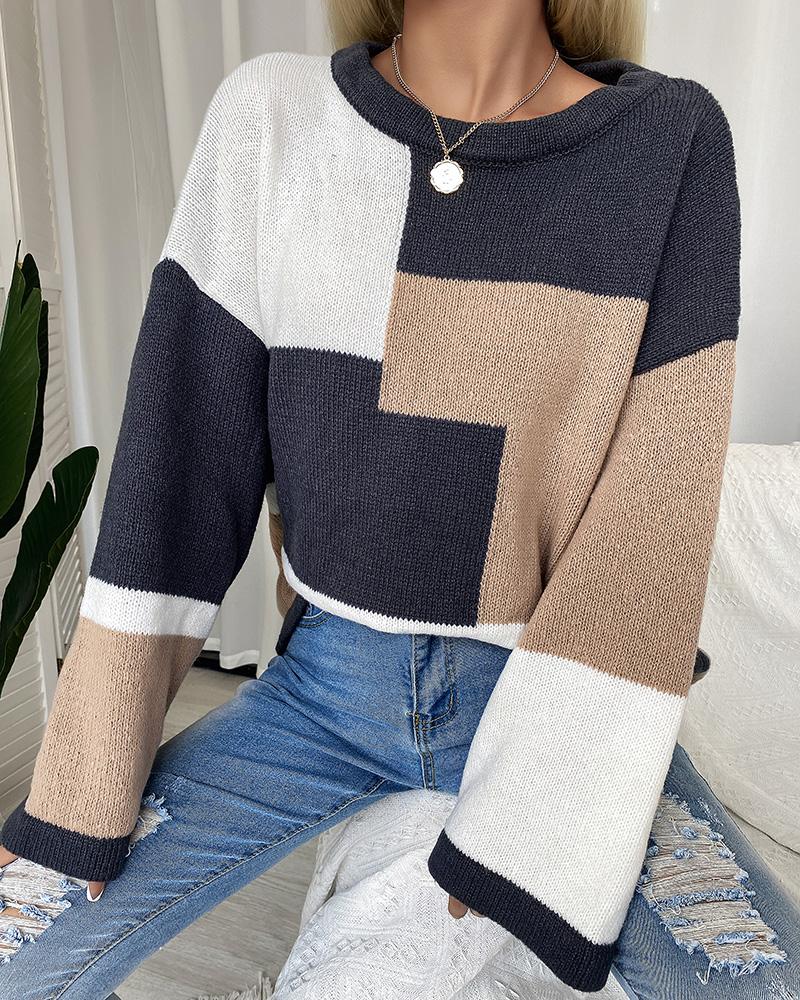 

Colorblock Bell Sleeve Drop Shoulder Sweater, Blue