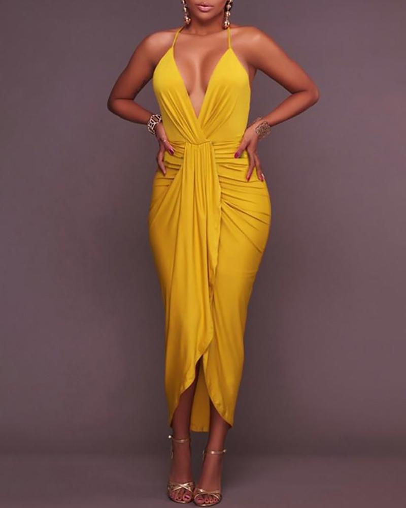 

Halter Crisscross Backless Ruched Party Dress, Yellow