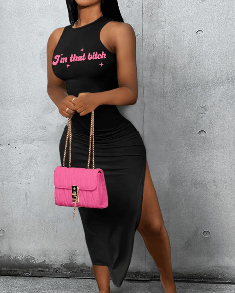 

Letter Print Slit Sleeveless Bodycon Dress, Black