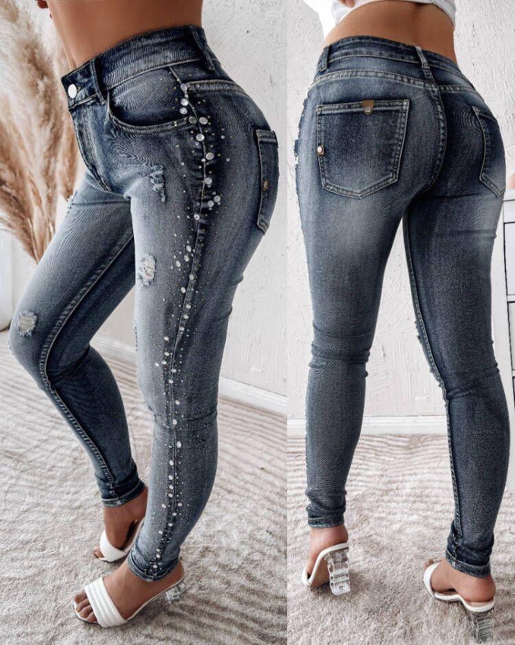 

Rhinestone Decor Ripped Skinny Jeans, Light blue