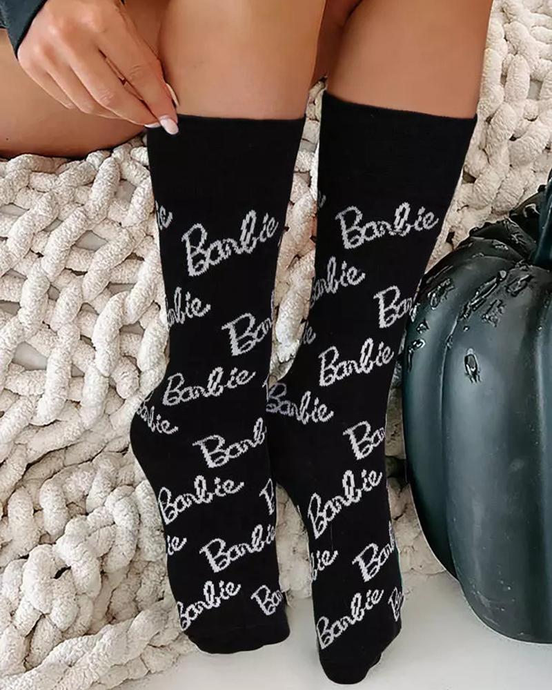 

1Pair Cute Barbie Letter Print Crew Socks, Black
