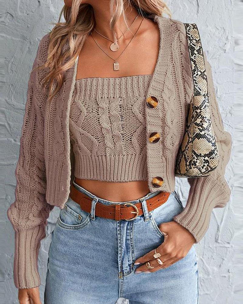

Long Sleeve Cable Knit Cardigan With Crop Top, Khaki