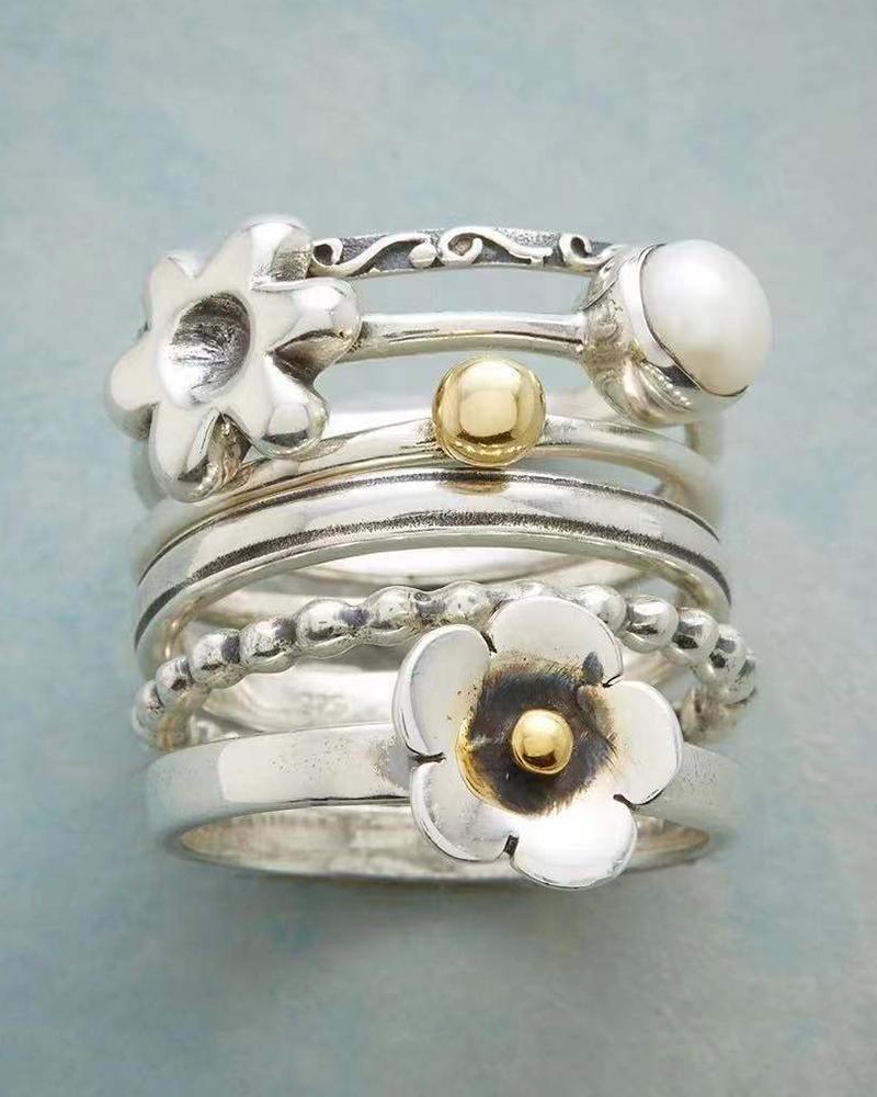 

6pcs Floral Pattern Fake Pearls Decor Stackable Rings Set, Silver
