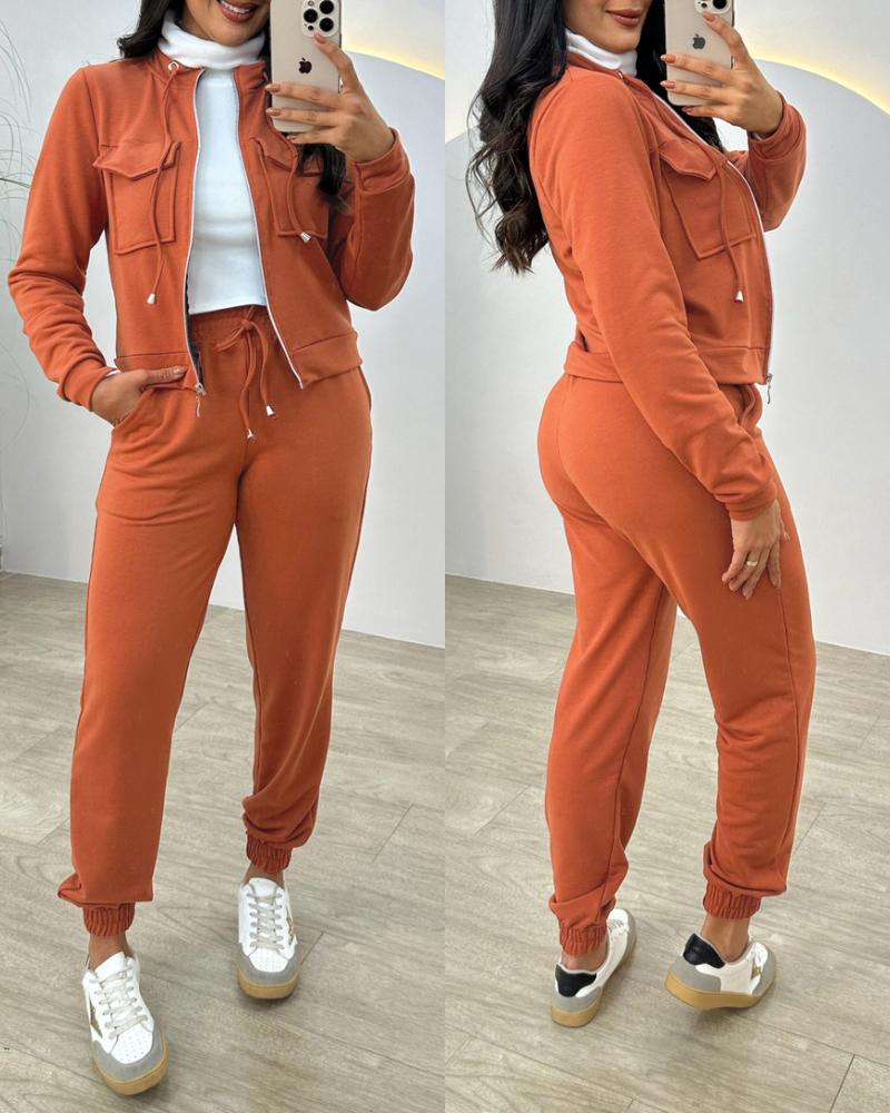 

Conjunto de blusa com zíper e bolsos, manga comprida com gola alta e calças casuais com cós elástico e cordão, Orange