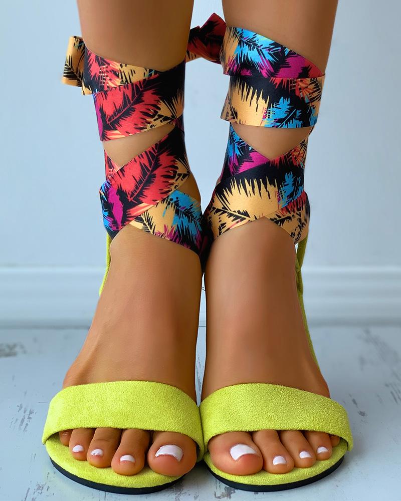 

Palm Tree Print Strappy Suede Flat Sandals, Yellow