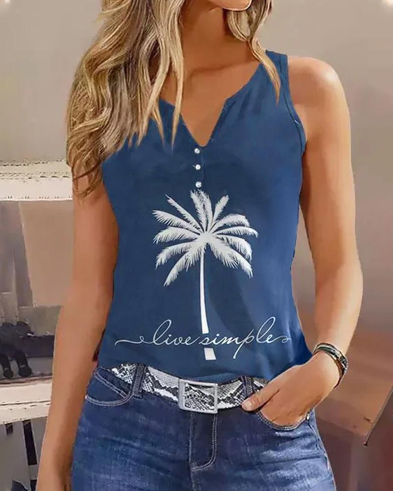 

Coconut Tree Letter Print Notch Neck Buttoned Tank Top, Blue