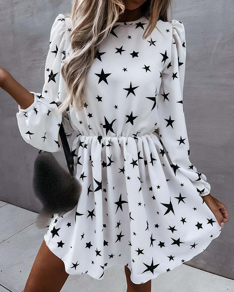 

Star Print Puff Sleeve Ruched Casual Dress, White