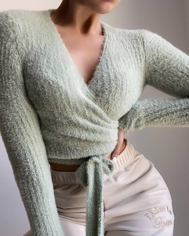 

Fluffy Tied Detail Long Sleeve Top, Green