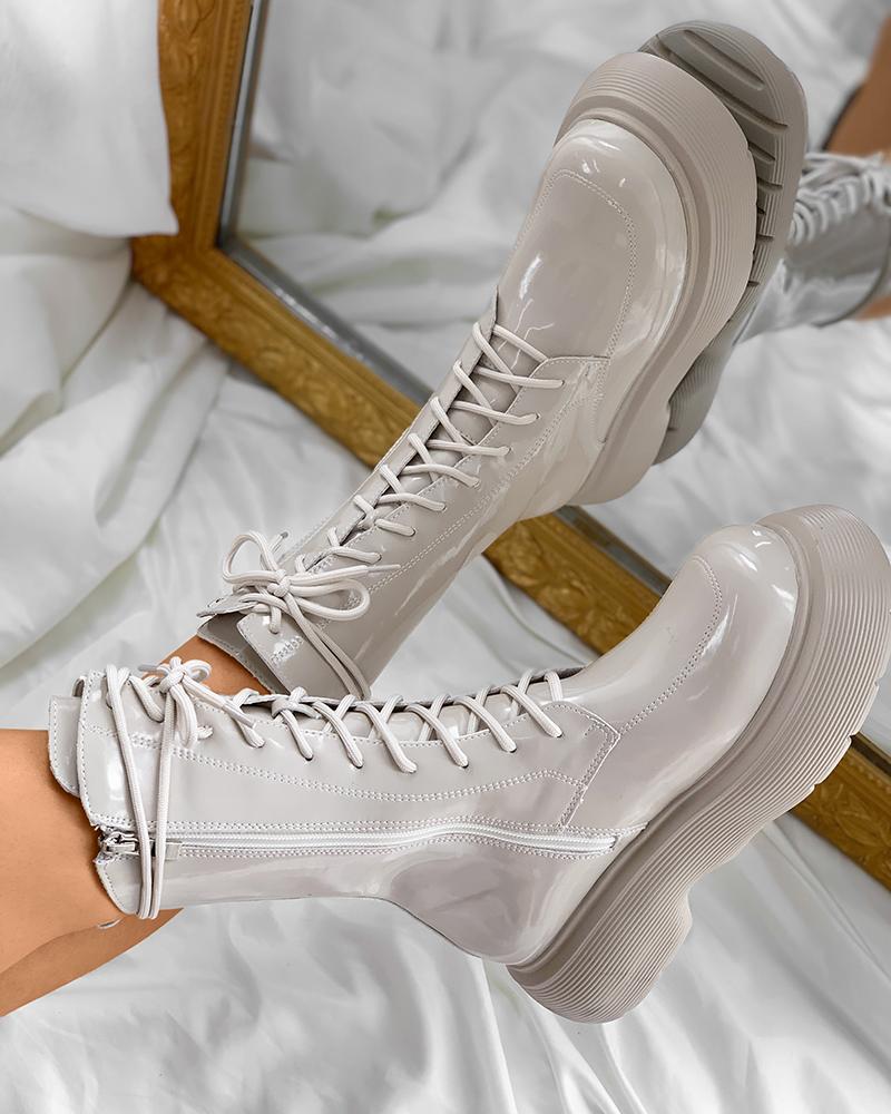 

Zipper Design Flatform Lace-up Chelsea Boots, Apricot