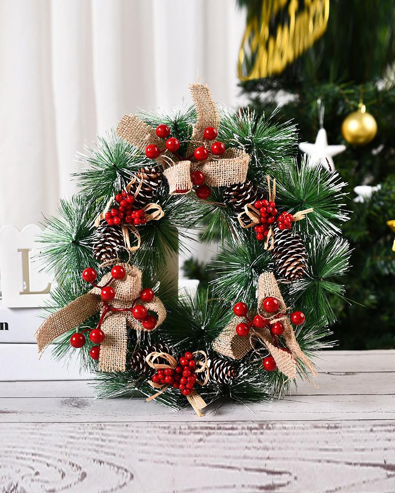 

1pc Christmas Wreath Artificial Red Berries Pine Cones Snowy Pine Needles Wreath Garland Christmas Ornaments Front Door Window Home Decor, Style2