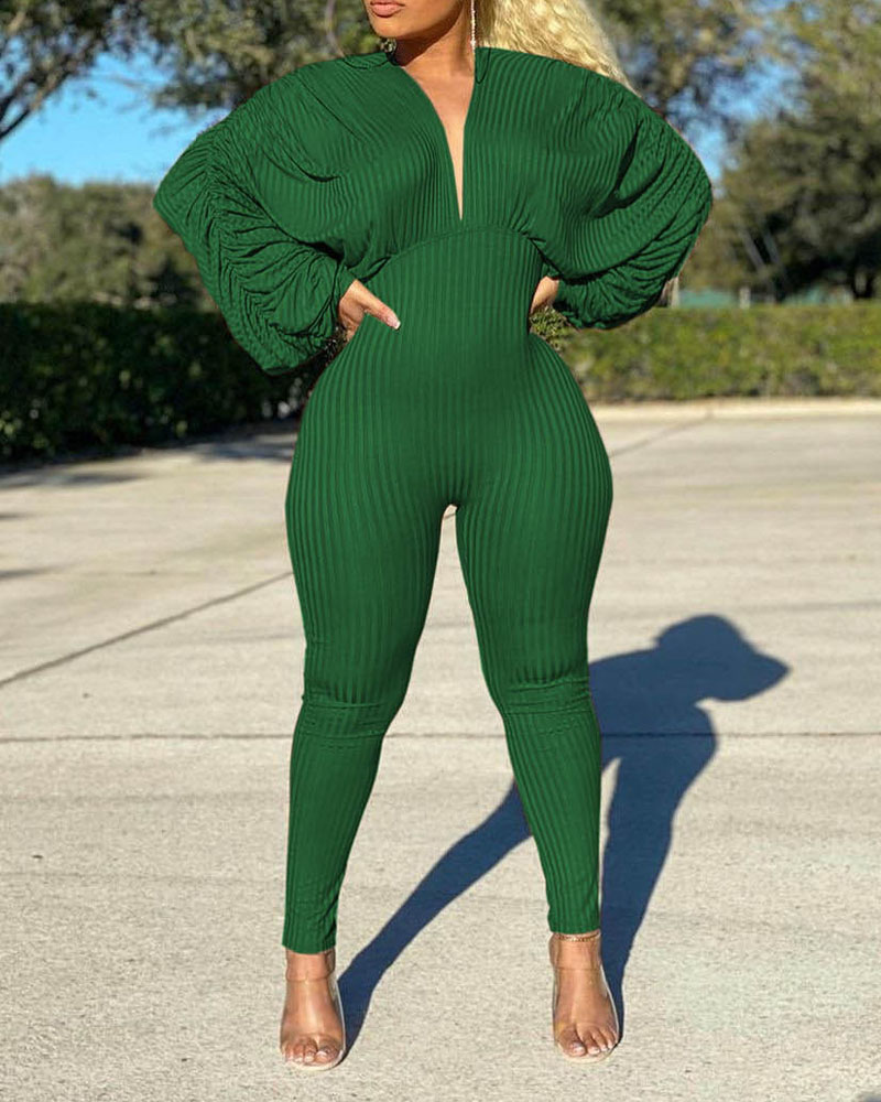 

Ribbed Plunge Ruched Lantern Sleeve Jumpsuit, Green