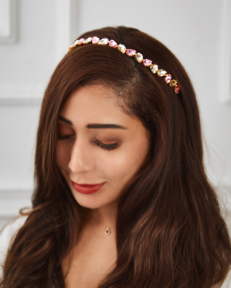 

Drop Shaped Colorful Rhinestone Skinny Headband Thin Hair Hoop Accessory, Pink