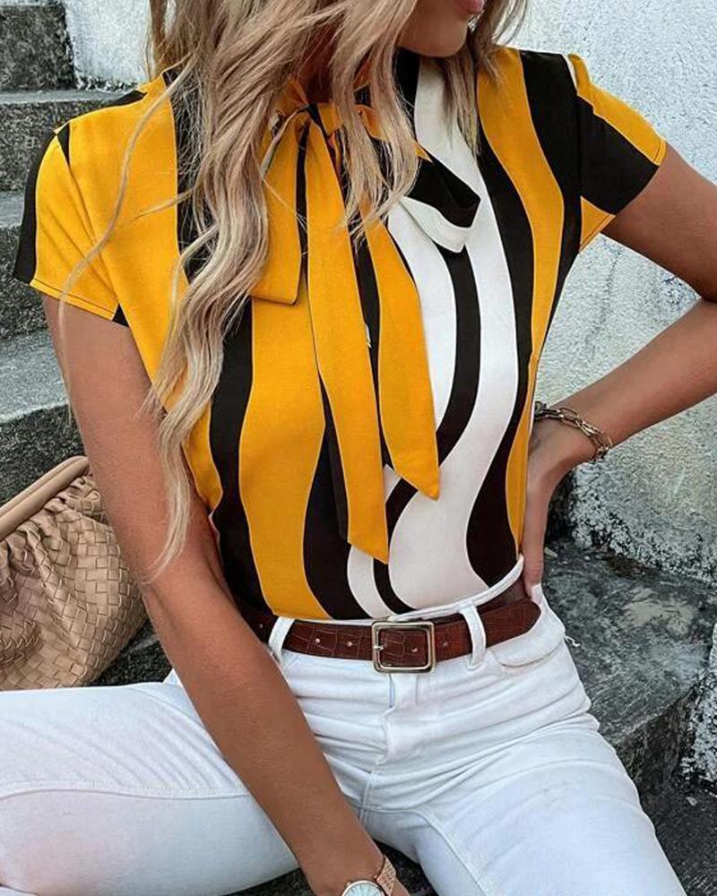 

Abstract Print Tie Neck Casual Blouse, Yellow