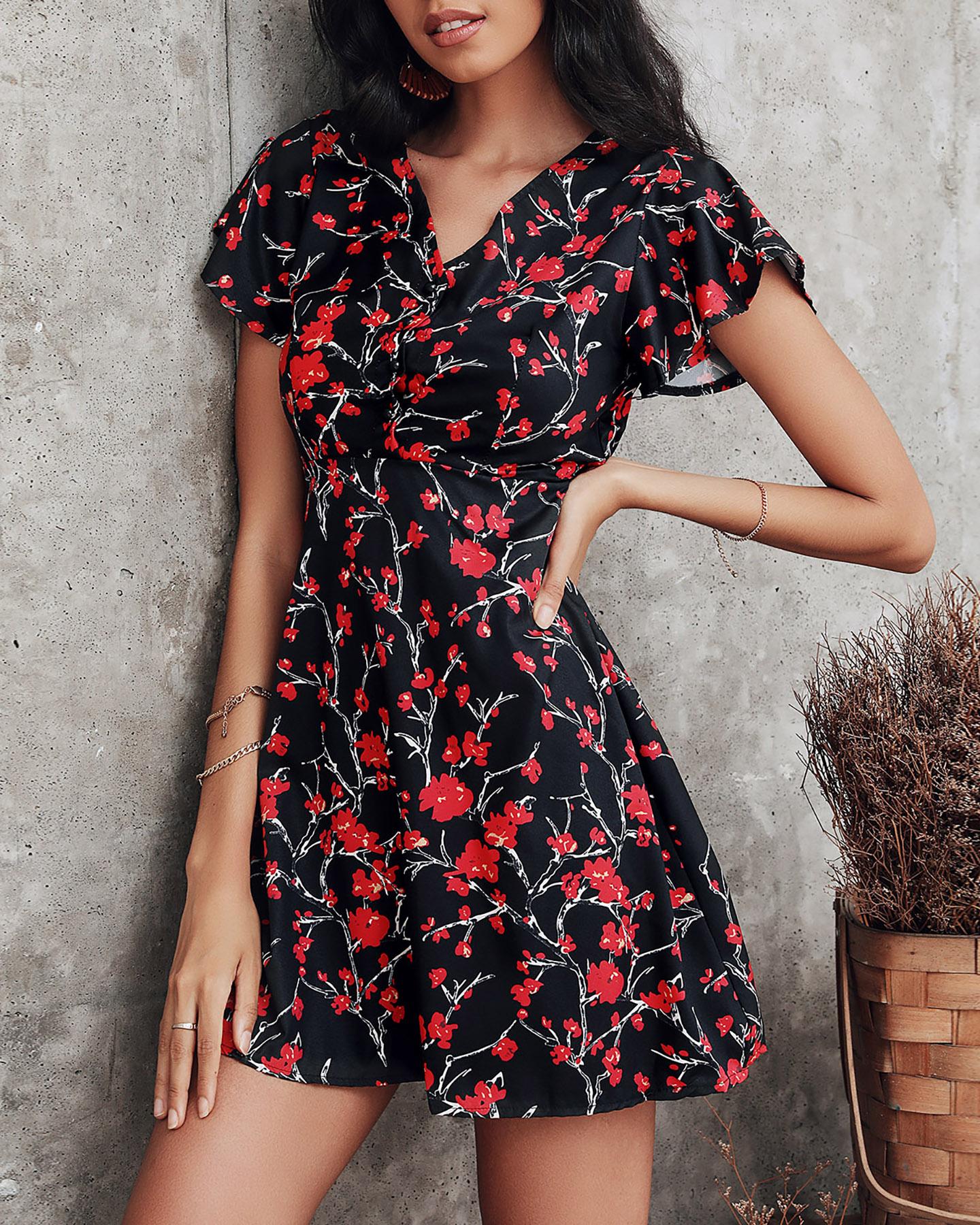 

Floral Print Chiffon Mini Dress, Black