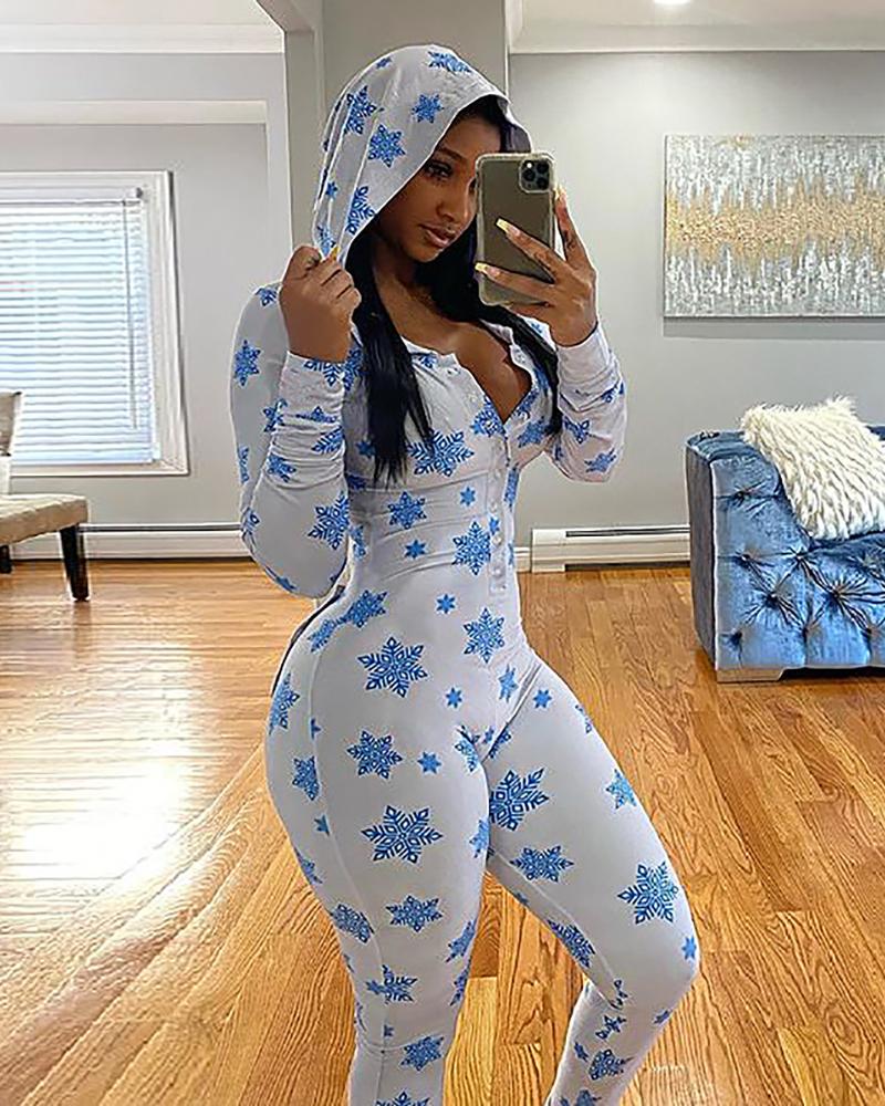 

Snowflake Print Button Design Hooded Lounge Jumpsuit, Blue
