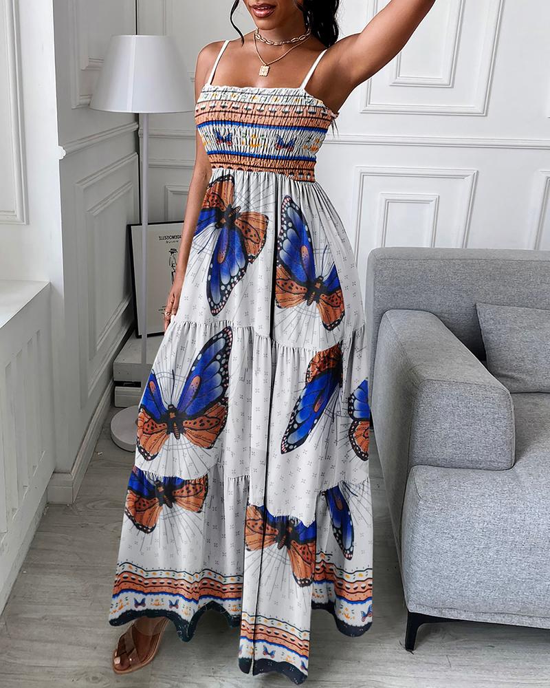 

Butterfly Print Shirring Detail Maxi Dress, White