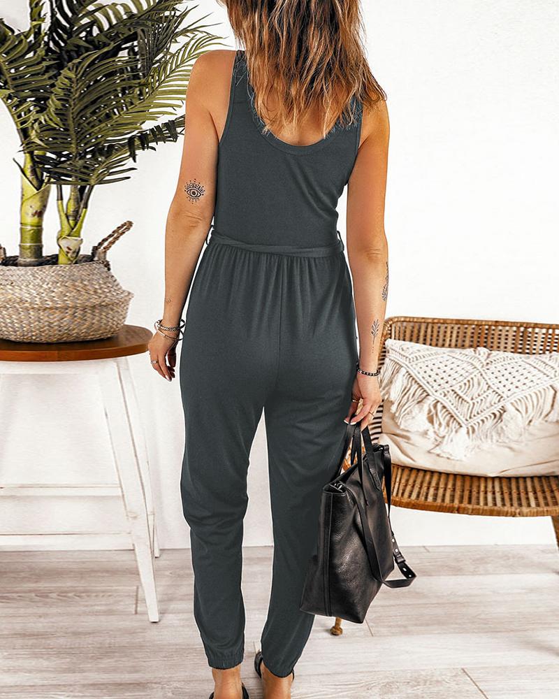 

Buttoned Pocket Design Tied Detail Jumpsuit, Gray