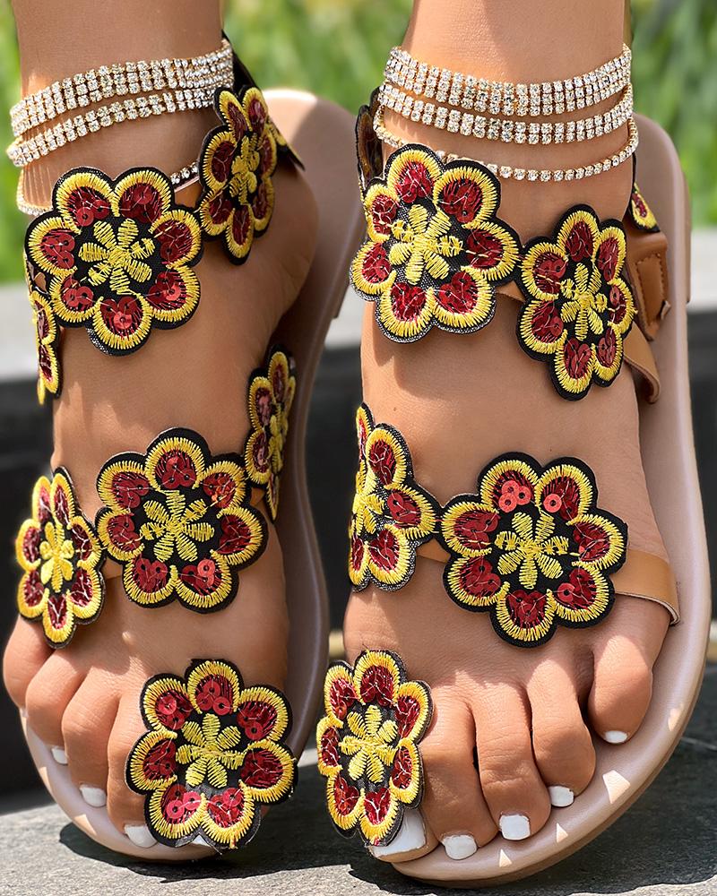 

Sandalias de playa con anillo en el dedo del pie con patrón floral, Red