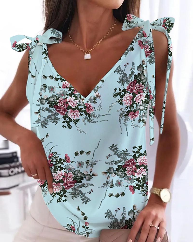 

Floral Print Tied Detail Tank Top, Lighted blue