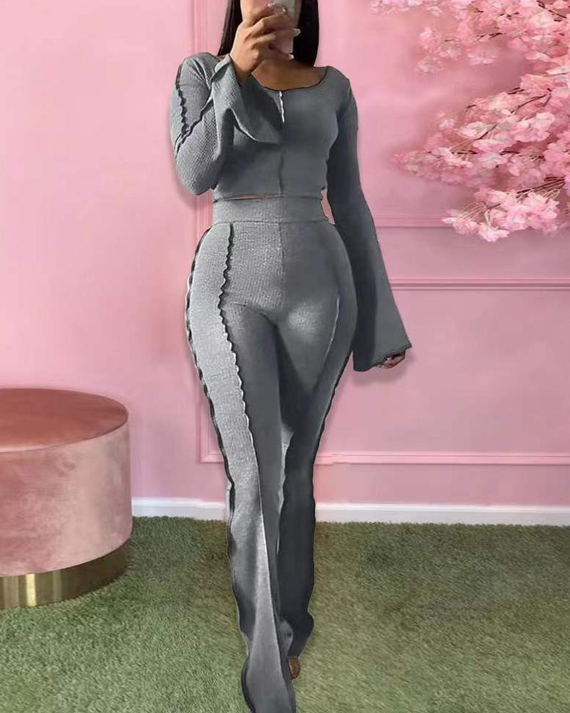 

Ribbed Bell Sleeve Crop Top & Pants Set, Gray