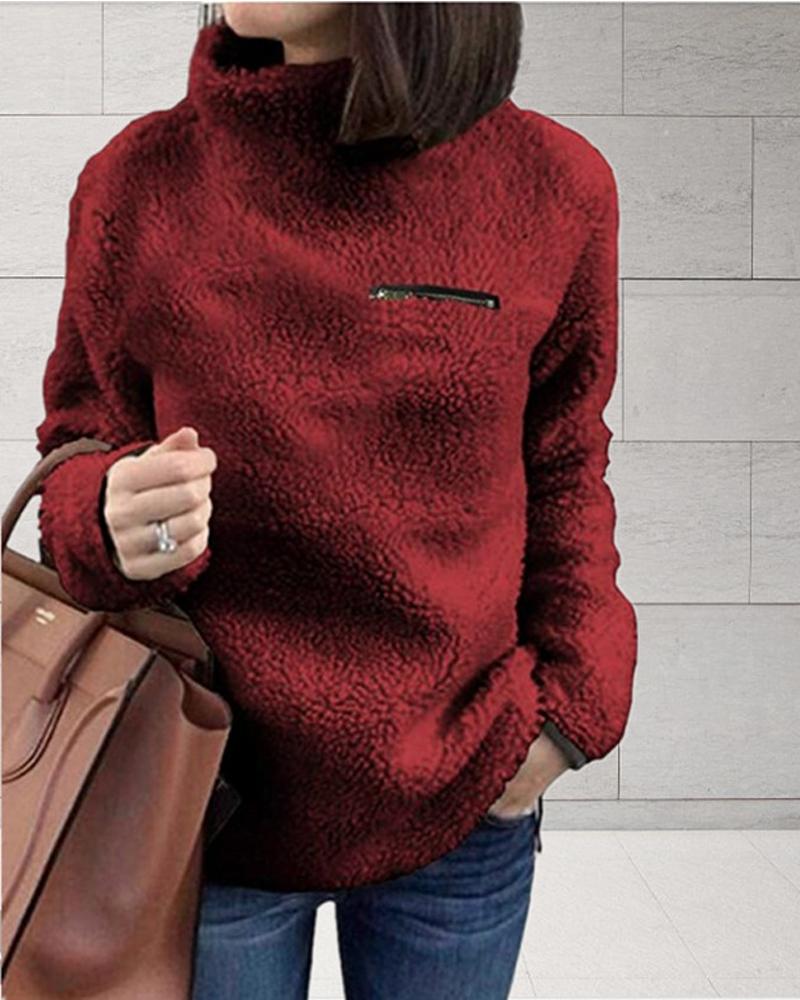 

Zipper Detail High Neck Teddy Sweatshirt, Red