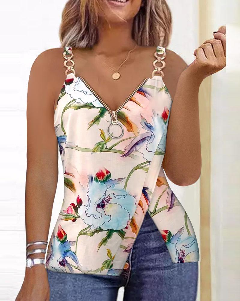 

Floral Print Chain Decor Zip Detail Slit Top, Apricot