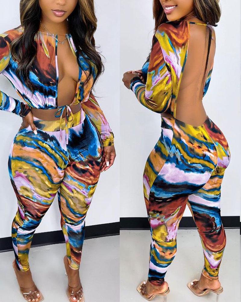 

Abstract Print Backless Tied Detail Crop Top & Pants Set, Multicolor