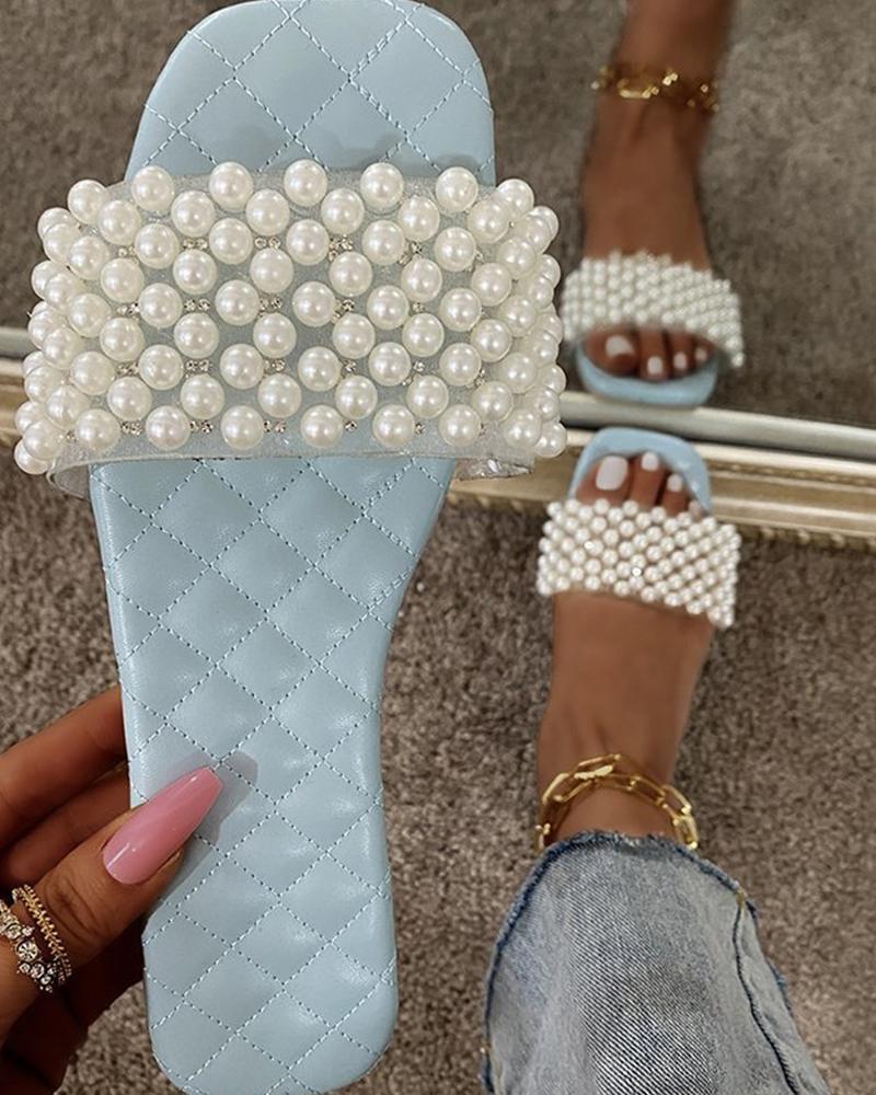 

Beaded Banded Upper Square-toe Sandals, Blue