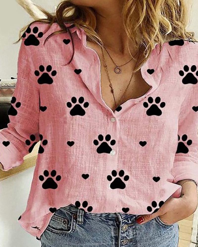 

Paw Print Long Sleeve Casual Shirt, Pink