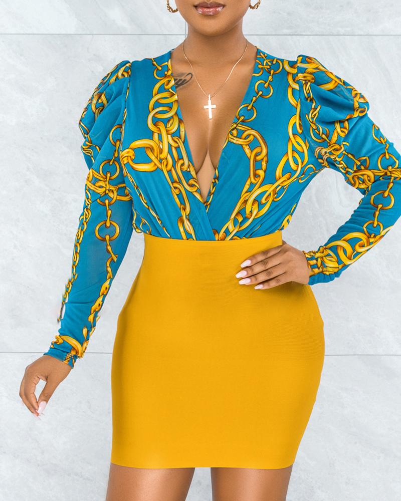 

Chain Print Gigot Sleeve Top & Plain Skirt Set, Blue