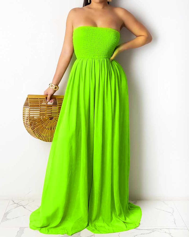 

Off Shoulder Shirred Plain Wide Leg Jumpsuit, Green