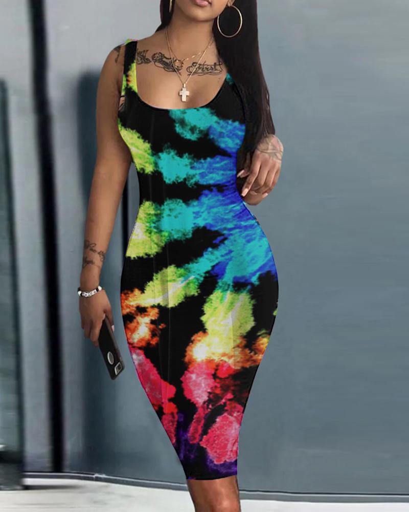 

Tie Dye Print Sleeveless U-Neck Skims Dress, Multicolor