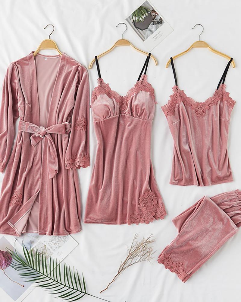 

4PCS Velvet Plain Lace Trim Sleepwear Sets, Pink
