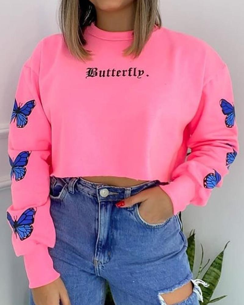 Buy Butterfly Letter Print Drop Shoulder Crop Sweatshirt. Picture