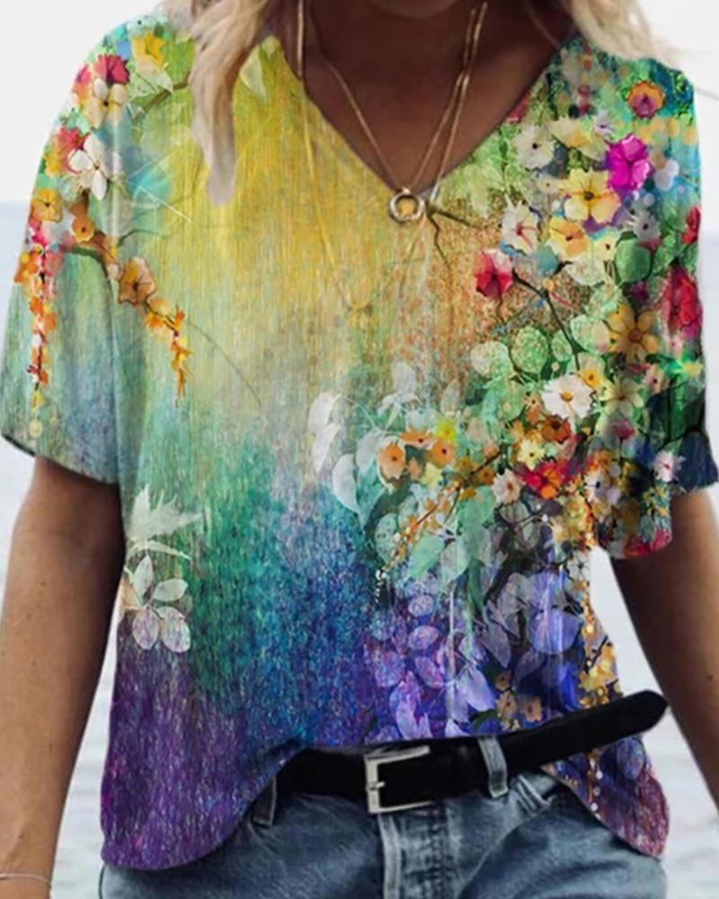 

Floral Print Colorblock V Neck T-Shirt, Yellow