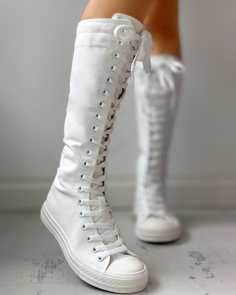 

Canvas Side Zipped Lace-Up Boots, White