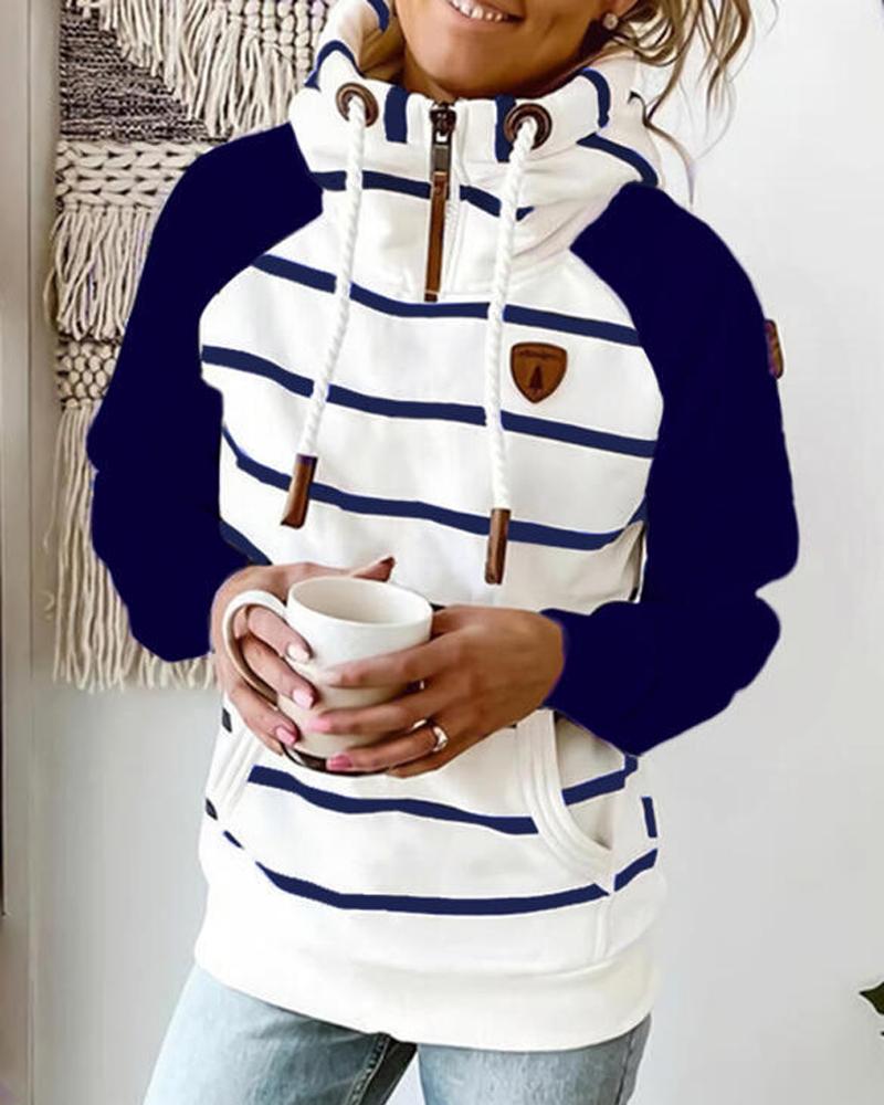 

Striped Print Zipper Front Grommet Eyelet Drawstring Hoodie, Blue