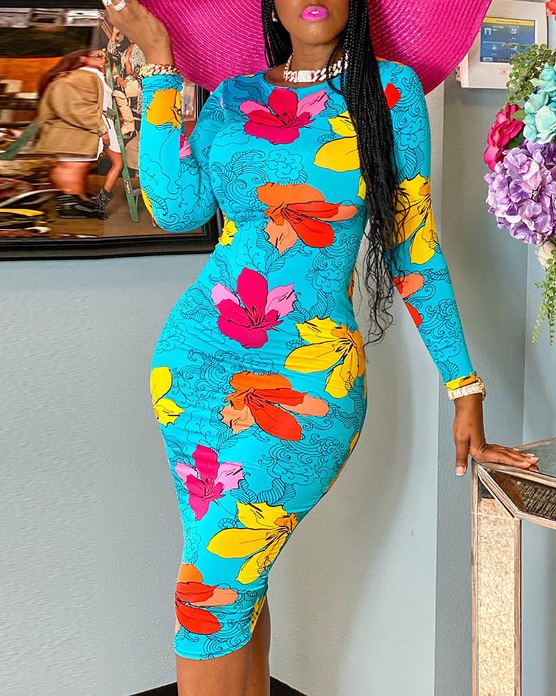 

Floral Print Long Sleeve Skinny Dress, Blue