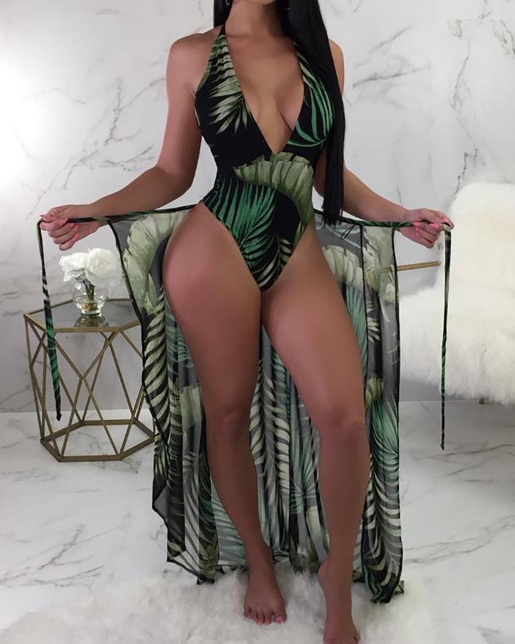

Tropical Print Backless One Piece Swimsuit With Cover Up, Dark green