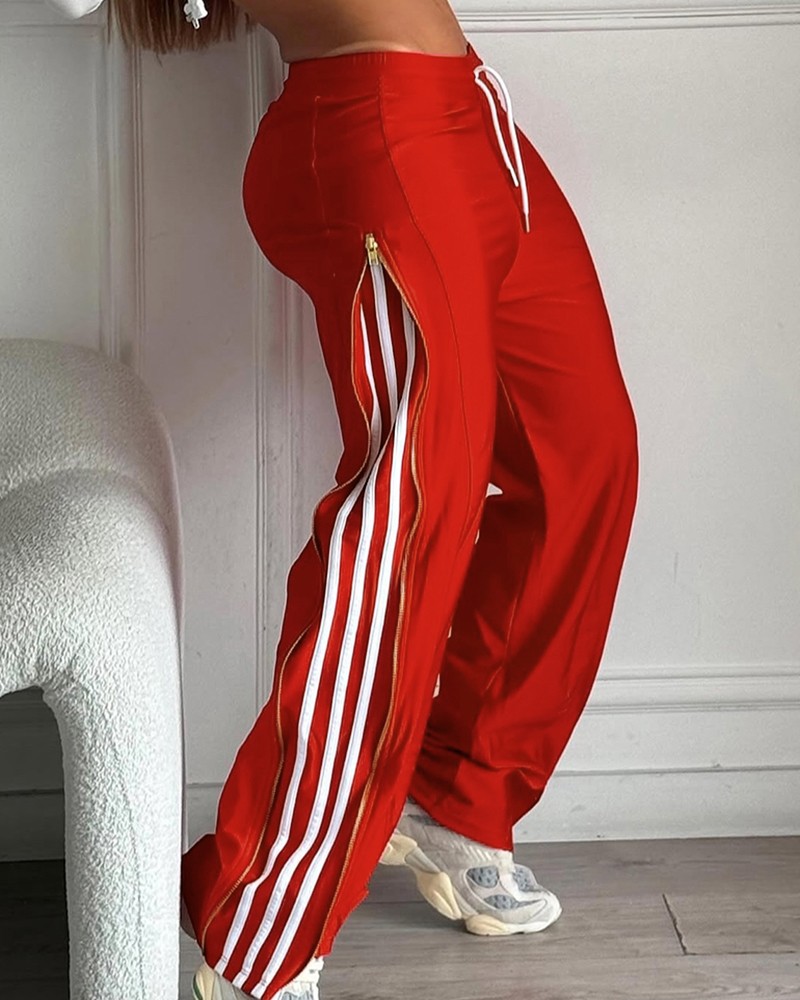 Striped Side Zipper Design Drawstring Wide Leg Casual Pants