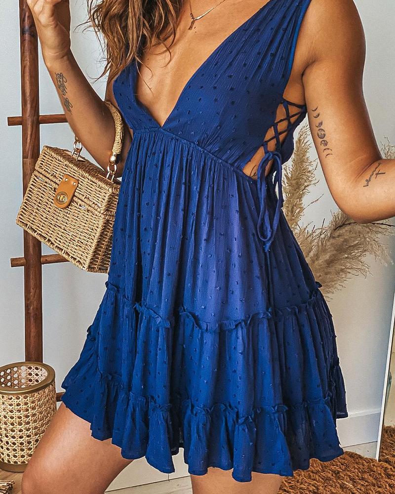 

Plain V Neck Eyelet Hollow Out Lace Up Ruched Sleeveless Dress, Blue