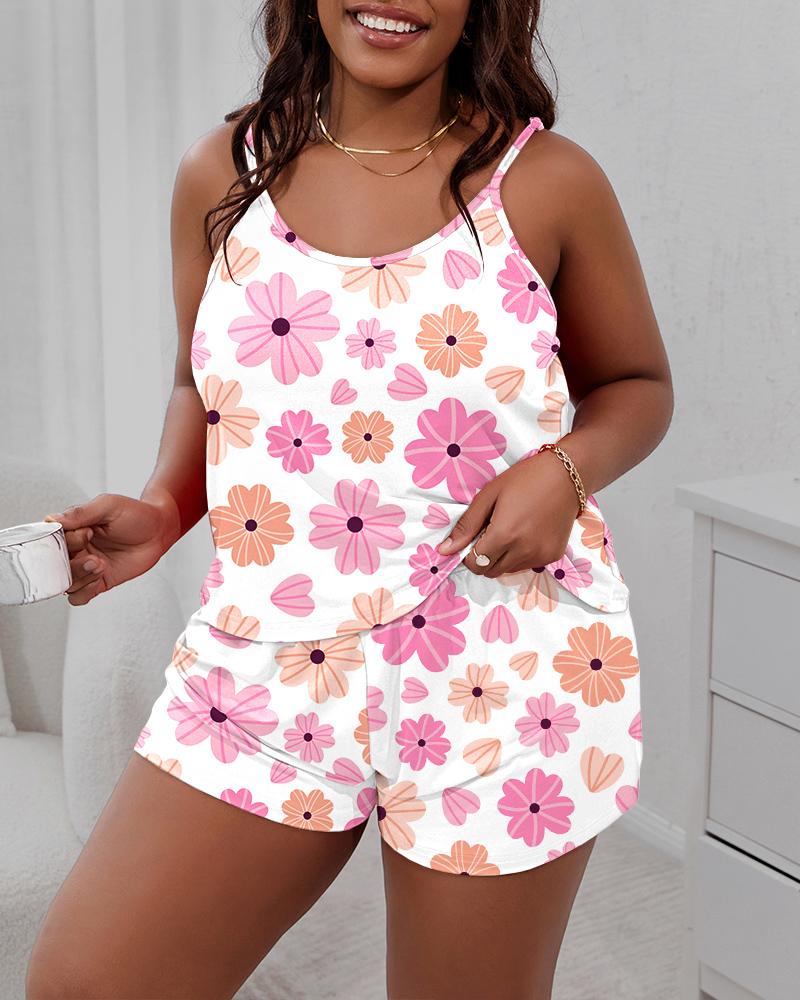 

Plus Size Floral Print High Waist Cami Set, Pink