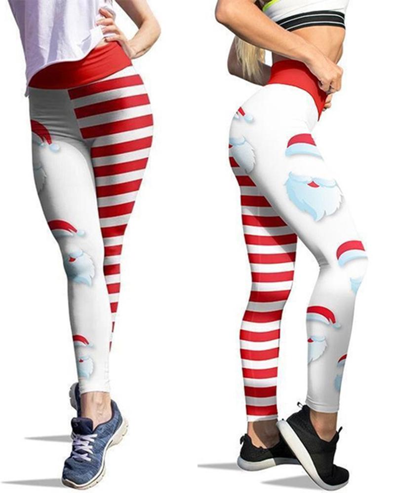 

Christmas Striped Santa Print High Waist Leggings, White