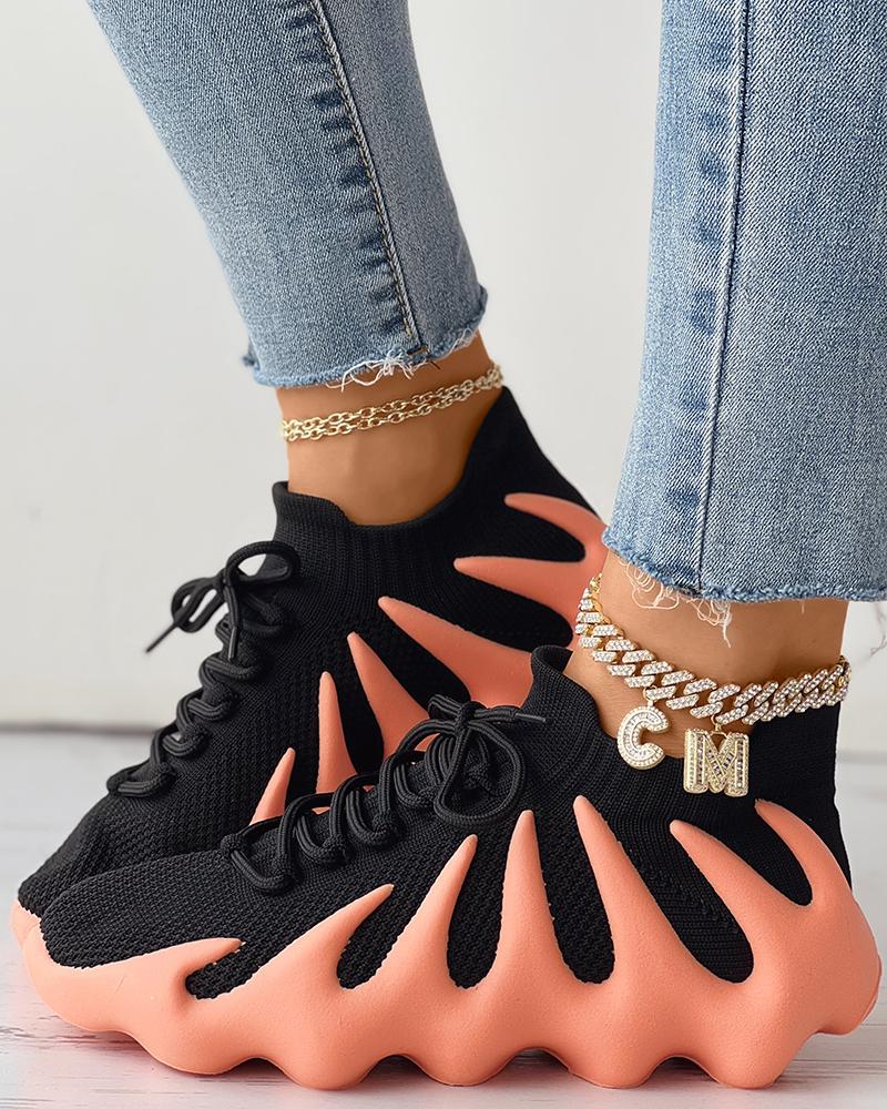 

Contrast Paneled Lace-up Knit Octopus Sneakers, Orange